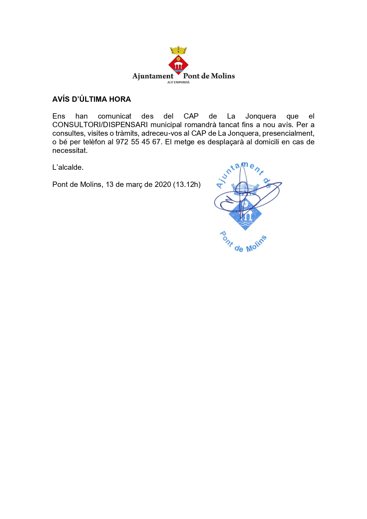Avís serveis sanitaris al CAP de La Jonquera, coronavirus 1_page-0001